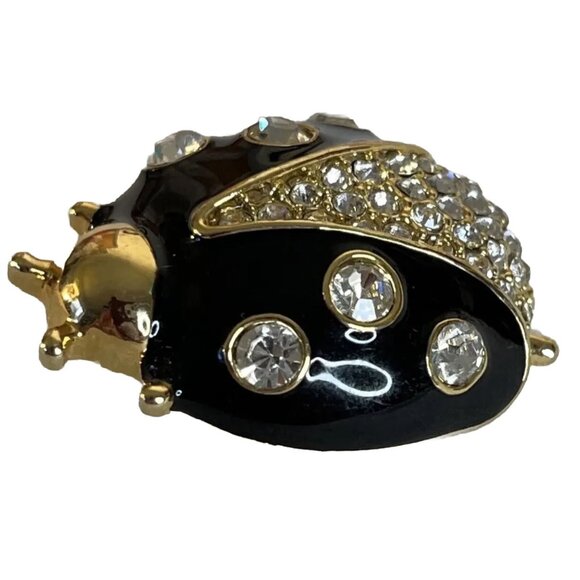 Ann Taylor Ladybug Pin Brooch Gold Tone Black Enamel Clear Rhinestone Vintage - Picture 2 of 8